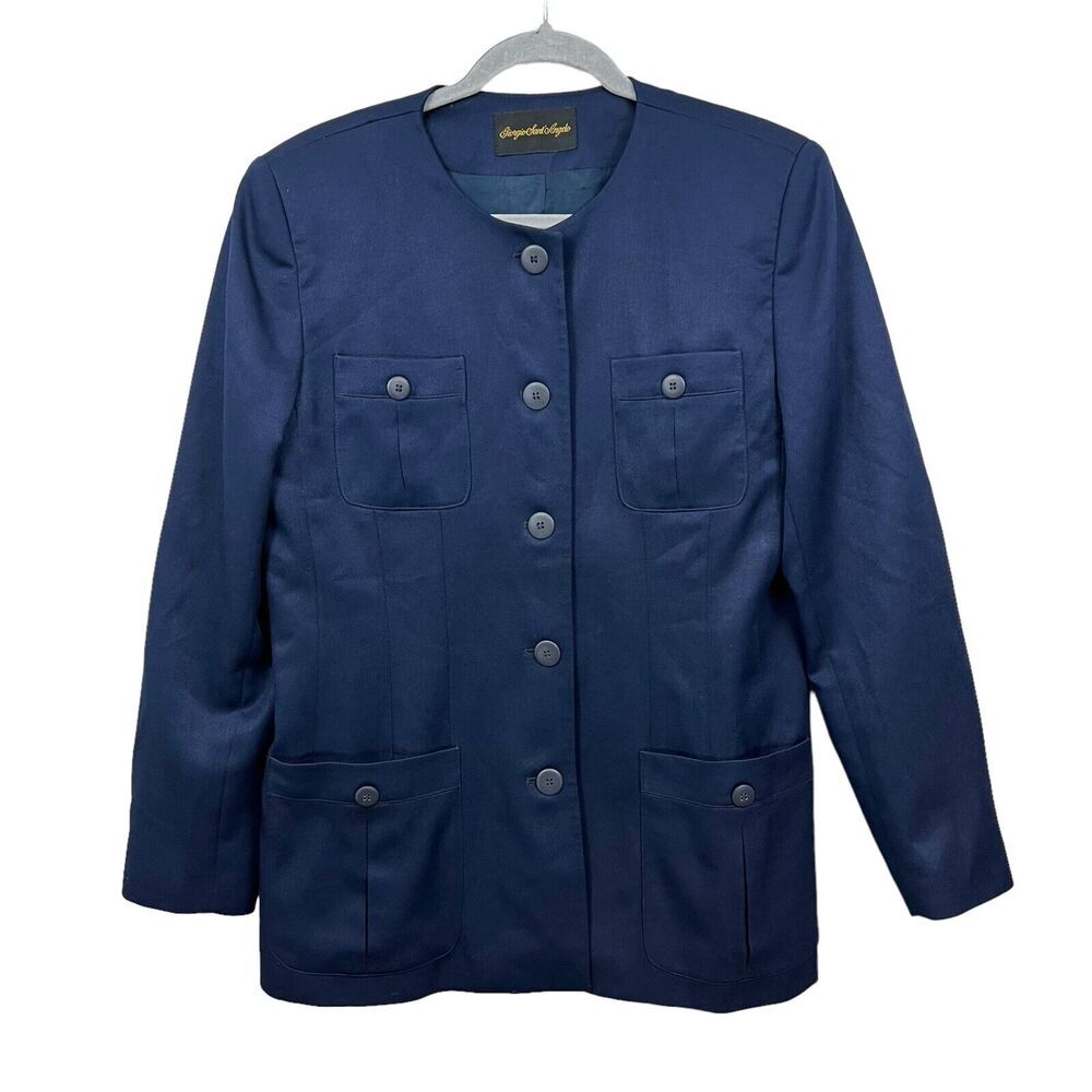 Giorgio Sant Angelo Womens Blazer Collarless Front Four Pockets Lined Navy Sz 12